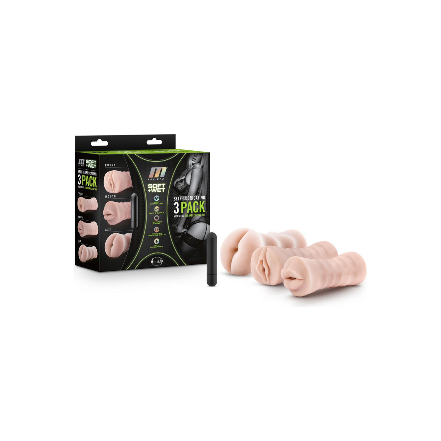 M for Men - Set Van 3 Masturbators Met Bullet Vibrator: Vagina, Anus, Mond