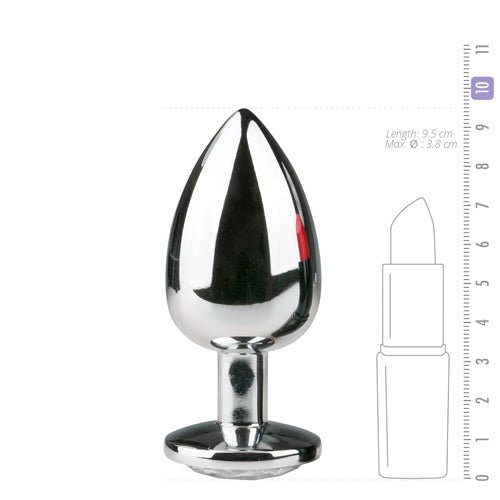 Zilverkleurige metalen buttplug met transparant kristal, perfect voor avontuurlijke sex artikelen.