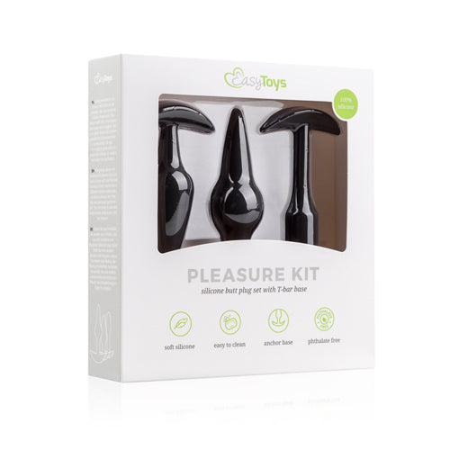 Pleasure Kit silicone butt plug set in packaging, featuring various sizes for anal stimulation, ideal for beginners.