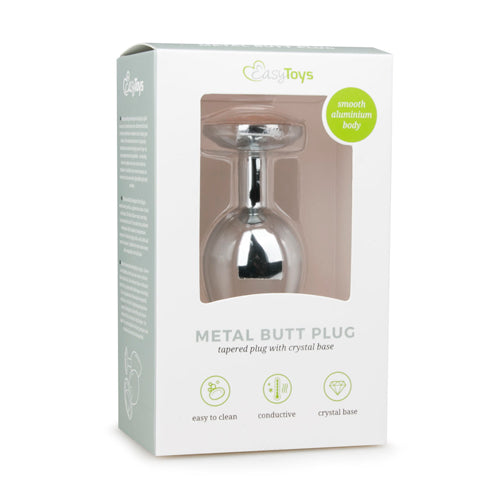 Metalen buttplug met kristallen basis in verpakking van EasyToys, elegant en gemakkelijk te reinigen, voor sex artikelen.